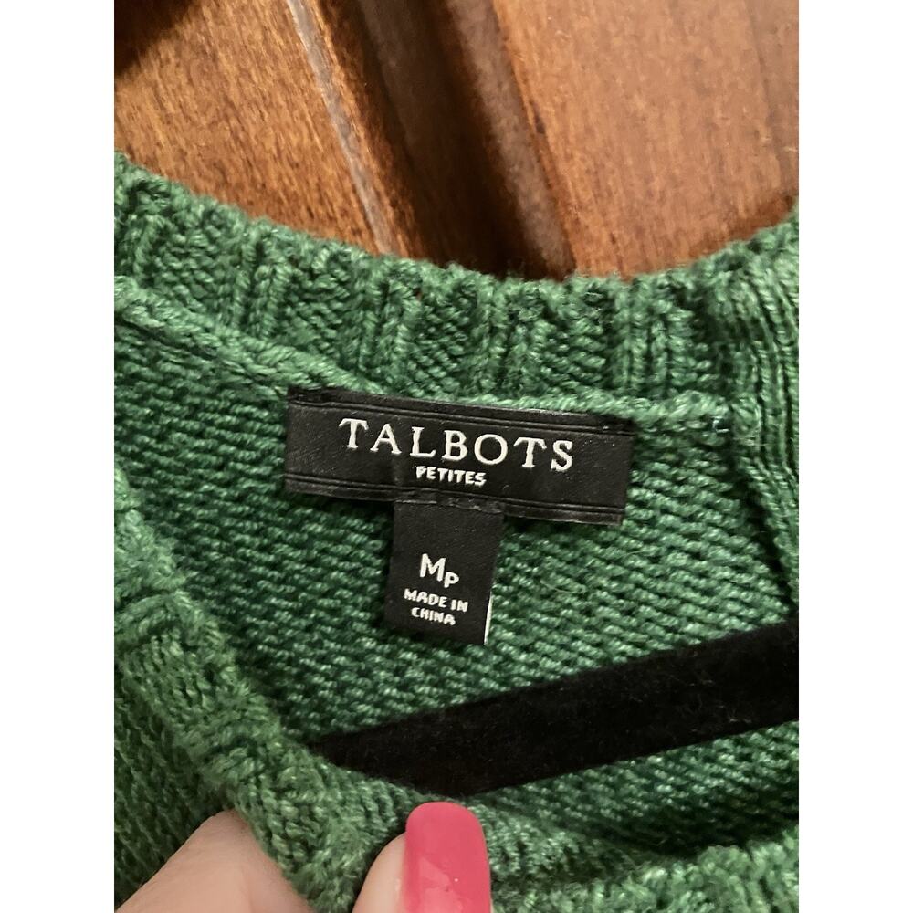 Talbots Sweater Womens Medium Petite Long Sleeve Pom Pom Green Back Zip Soft - Picture 3 of 8